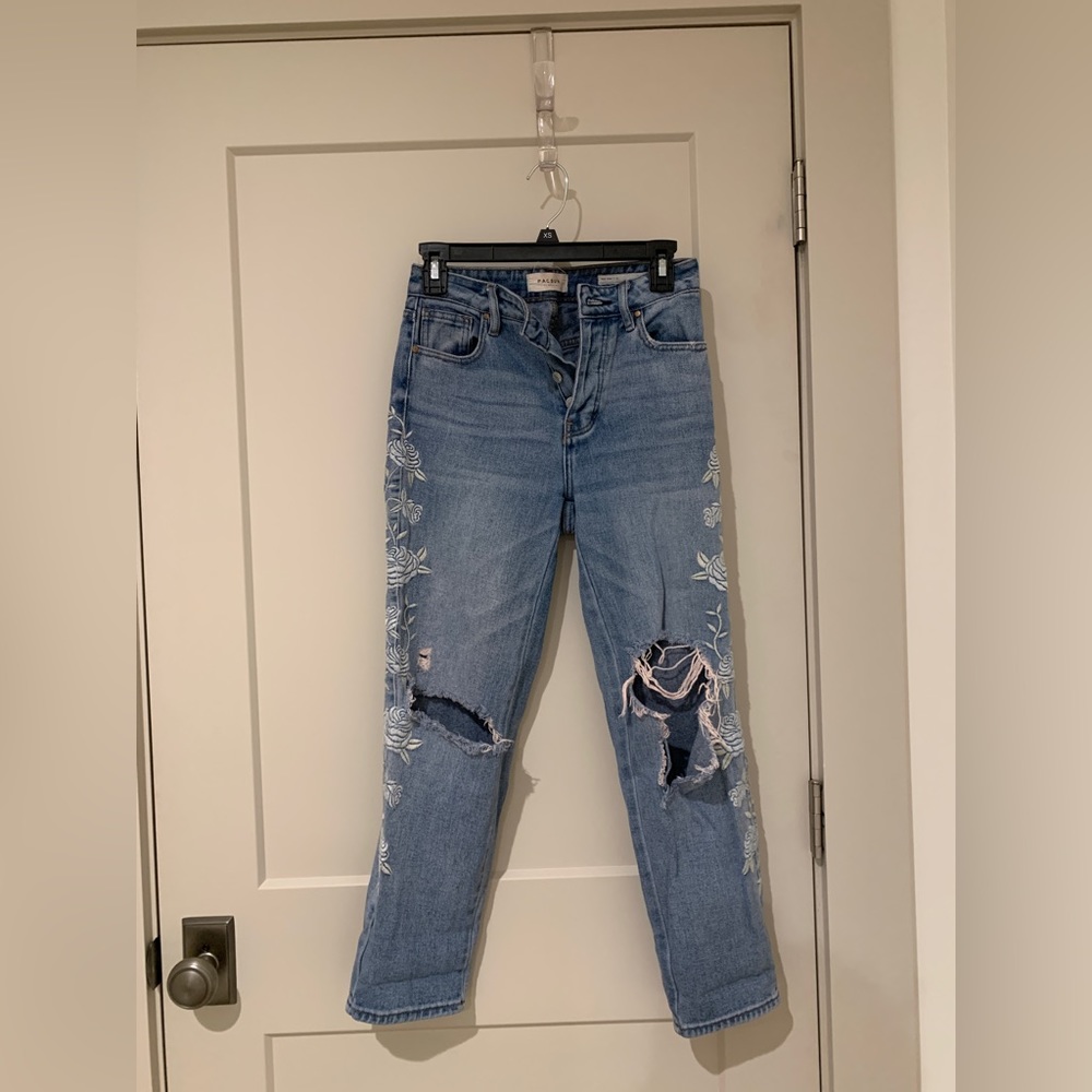 Distressed embroidered jeans